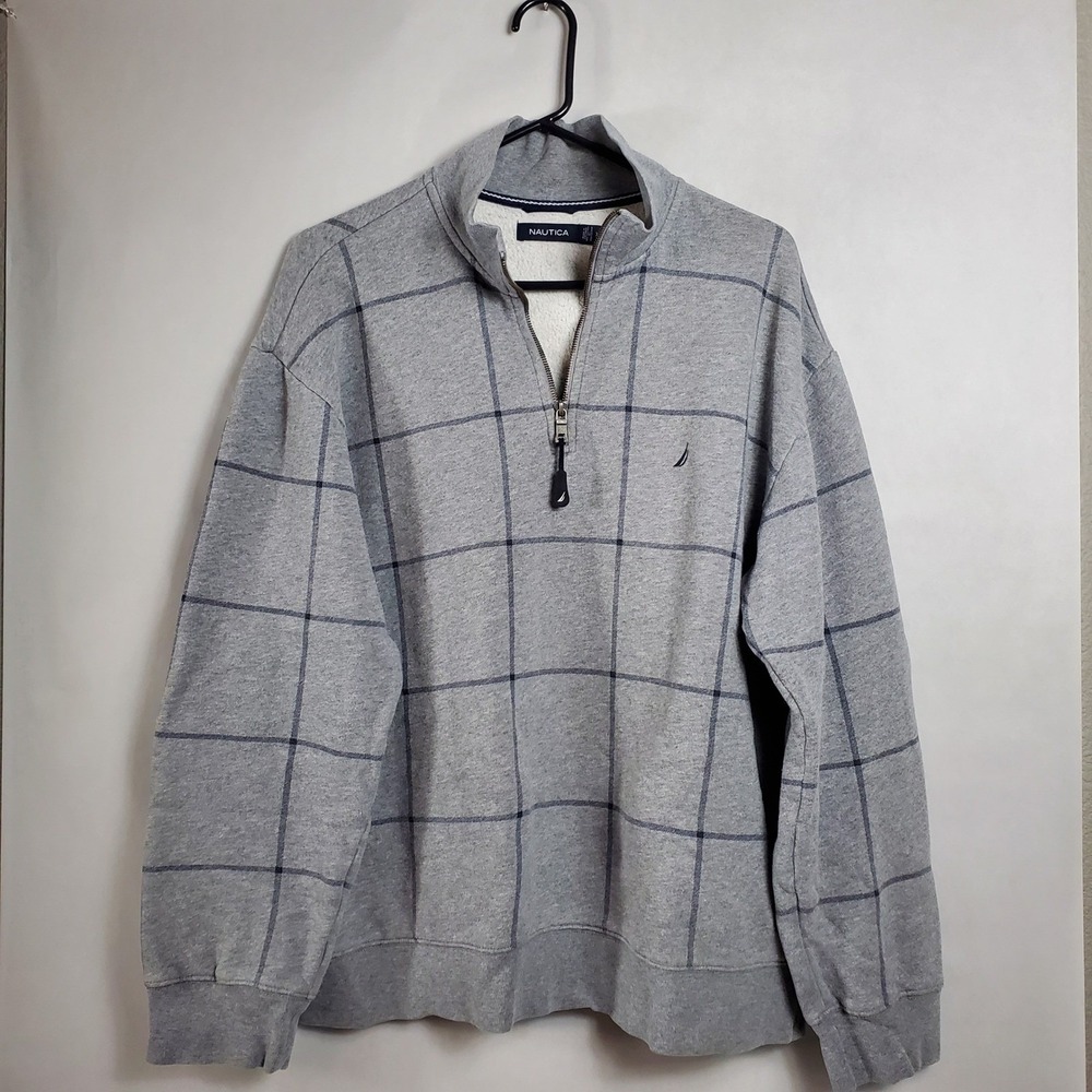 Nautica Mens Gray Plaid 1/4 Zip Fleece Lined Sweatshirt Pullover XL